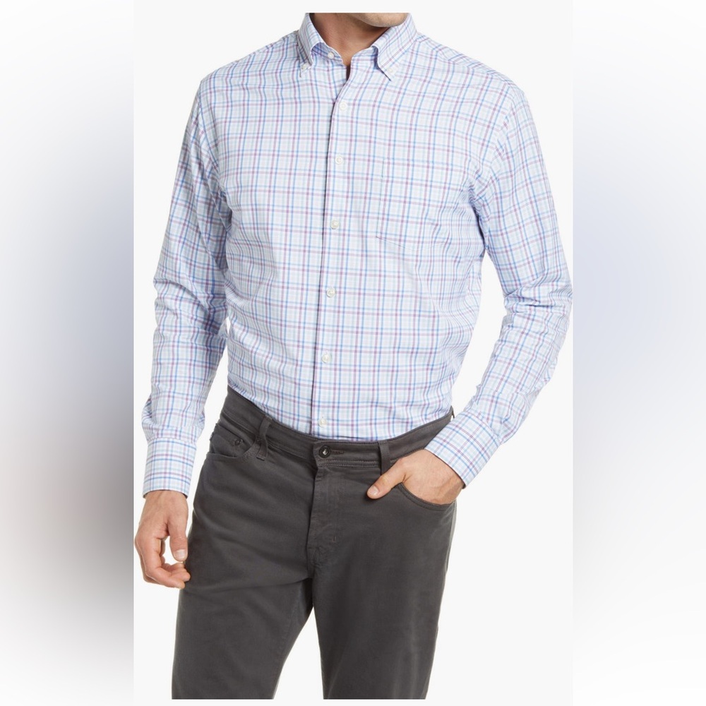 Peter Millar Shirt Men Large Blue Pink Check Plaid Summer Comfort Nylon Stretch